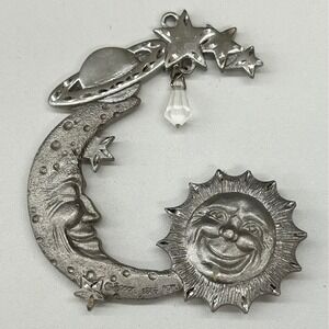 Vintage Spoon 2333 Pewter Sun Moon Stars Saturn Ornament with Crystal Drop